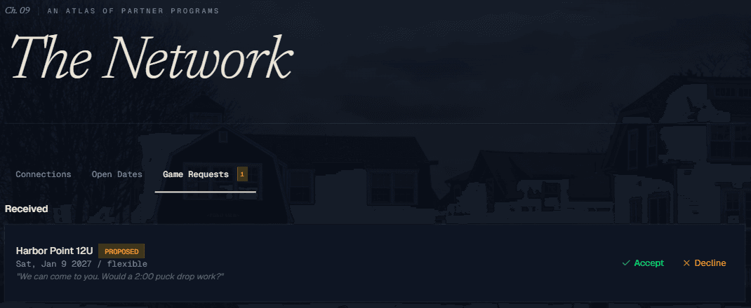 The Network's Game Requests tab, showing a proposed game from another team with Accept and Decline.