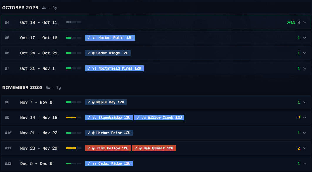 The season calendar for a demo 12U team: weeks from October to early December, each showing its imported games.